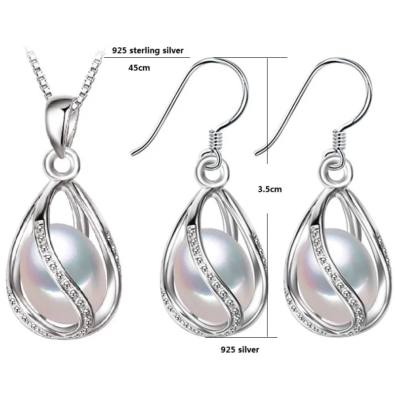 

classic 925 sterling silver set natural freshwater pearl jewelry sets silver earrings pendent necklace for women fashion gift