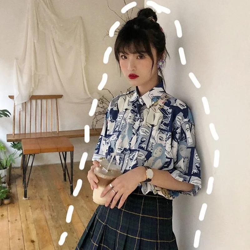 

QWEEK Japanese Anime Club Shirt Women Harajuku Cartoon Print Blouse Streetwear Korean Style Summer 2021 Fashion Button Up Y2k