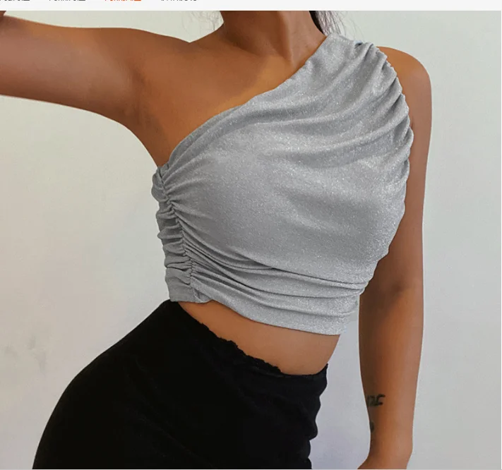Women Sexy Short Tops Ladies Personalized Flashing Silk One Shoulder Pleated Slim Fit Umbilical Vest Summer Women Clothing
