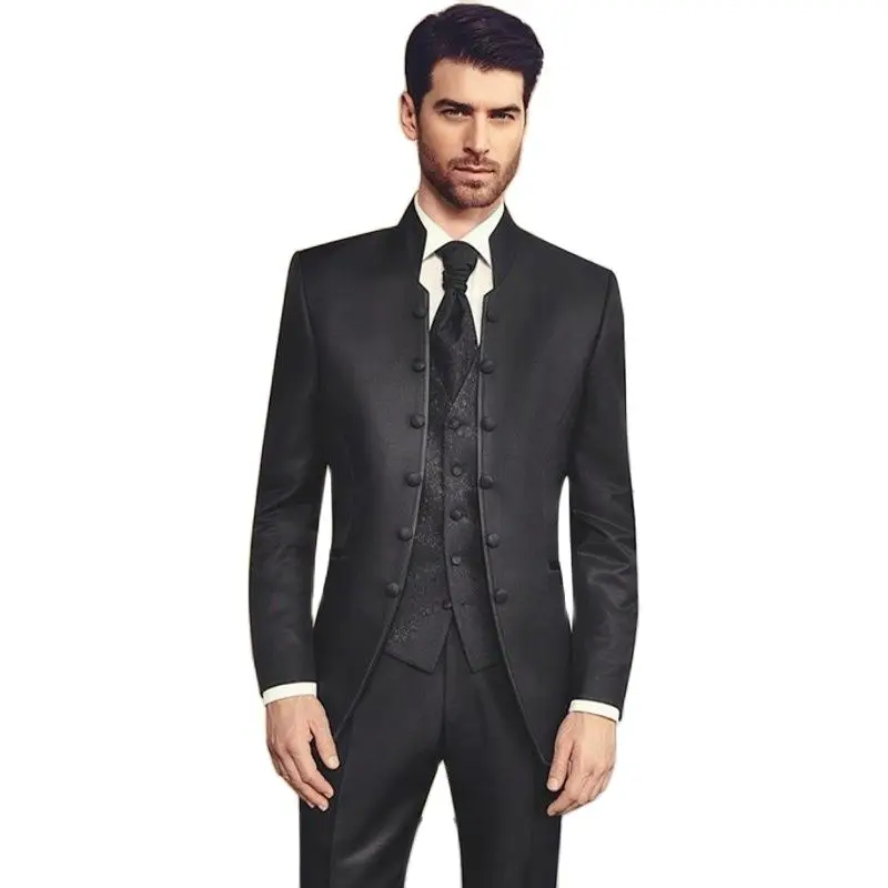 Slim Fits Stand Collar Men's Evening Dress Toast Business Suit Prom Clothes Groom Tuxedos Customize(Jacket+Pants+Vest+Tie) K:146