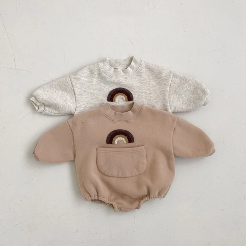

Autumn Winter Baby Boys Girls Rainbow Pattern Jumpsuit Infant Kids Long Sleeve Casual Clothing Fashion Cotton warm Rompers