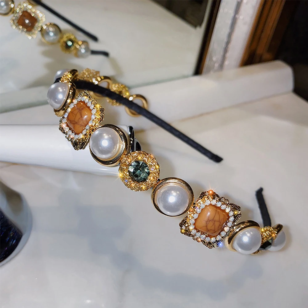 

Retro Imitation Pearl Hair Hoop Square Headband Glass Zircon Hairband Bridal Rhinestone Hair Hoop Headwear Hair Jewelry