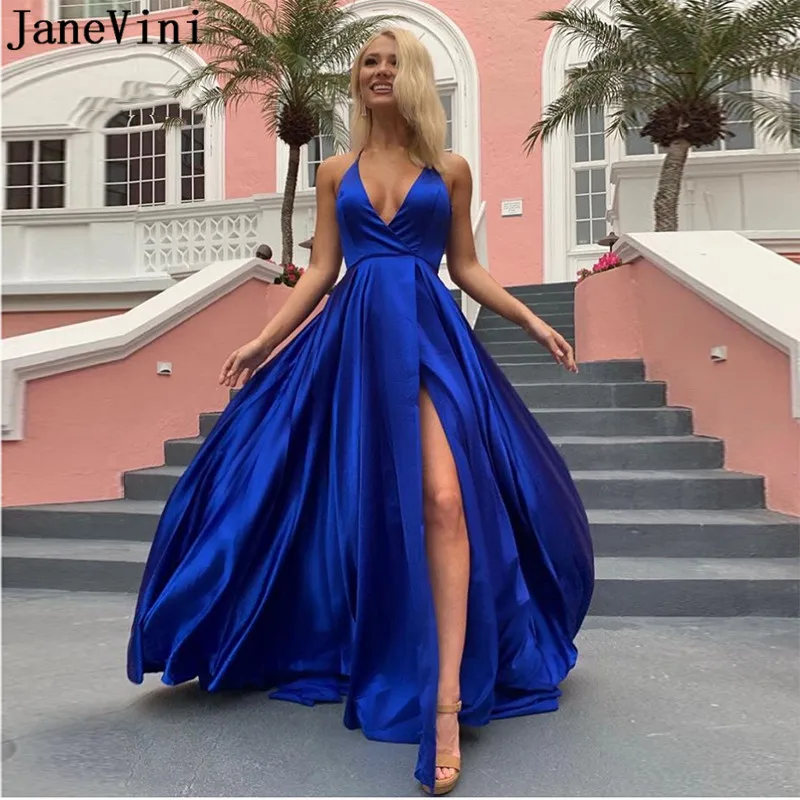 

JaneVini Jurkjes Long Sexy Vestido Prom Dresses Royal Blue Front Split Halter Sweep Train Women Formal Party Dress Prom Kleider