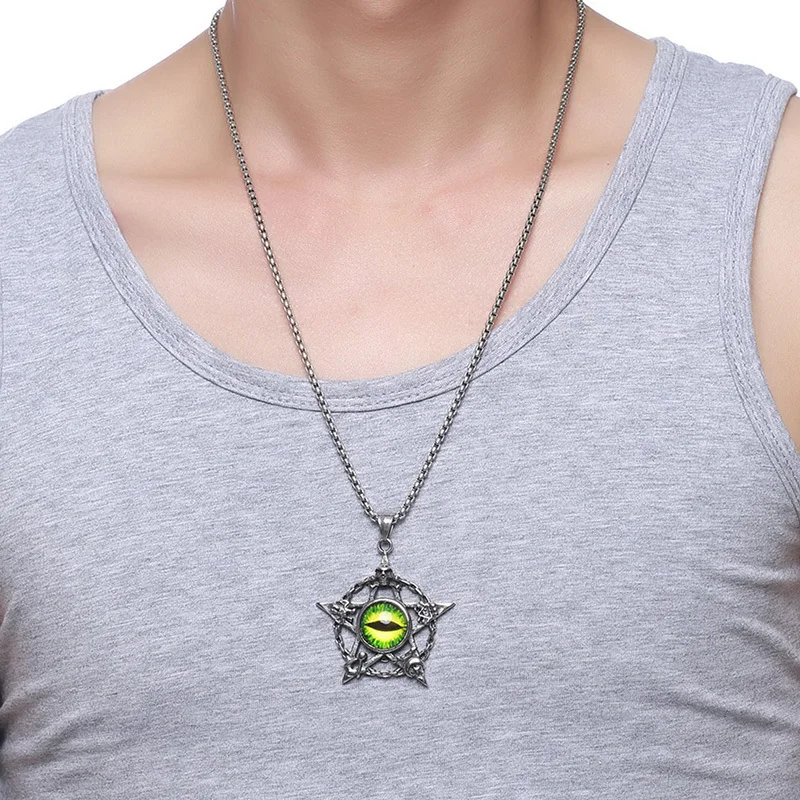 панк зеленый злая кошка глаз пятиконечная звезда кулон ожерелье для мужчин из
