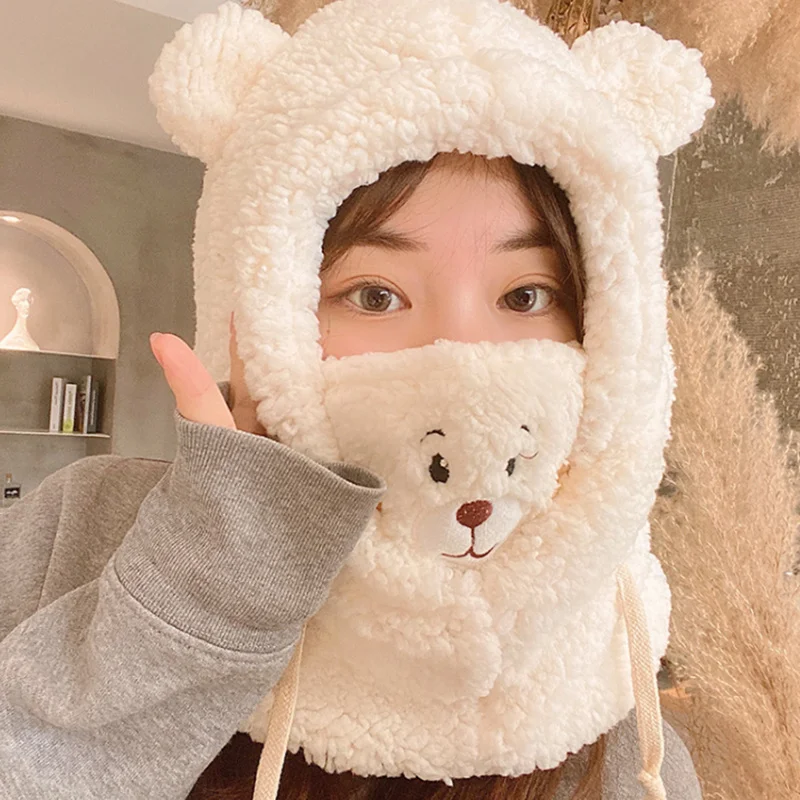 Милая шапка со звериными ушками в виде медвежонка, теплая и плотная, с защитой лица, осенний вариант для женщин и девочек.