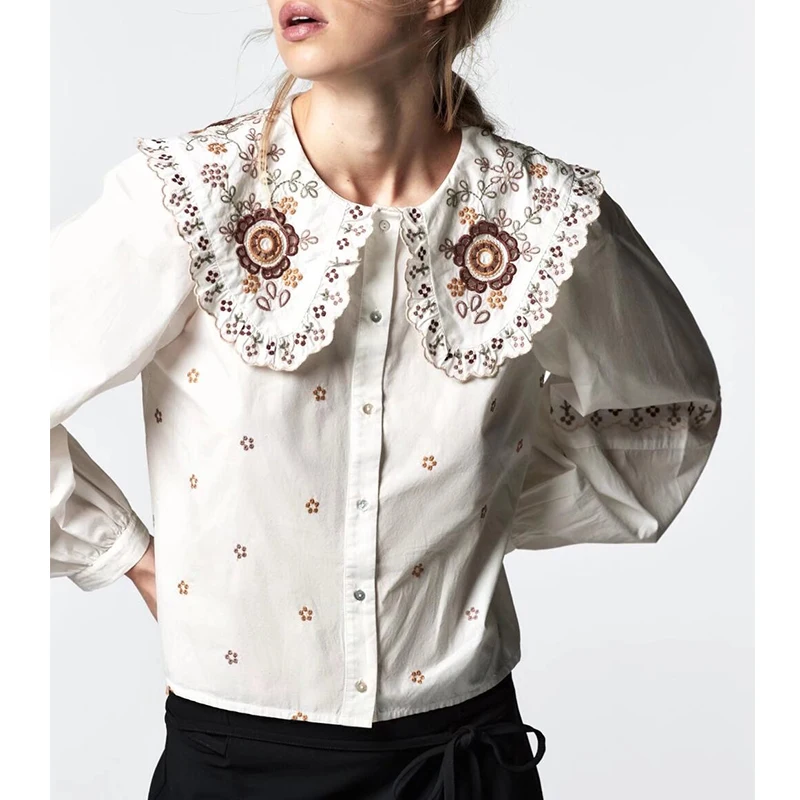 

ZA Women Embroidery Blouse 2021 Spring Autumn Floral Single Breasted Peter Pan Collar Casual Top Long Sleeve Female Loose Shirts