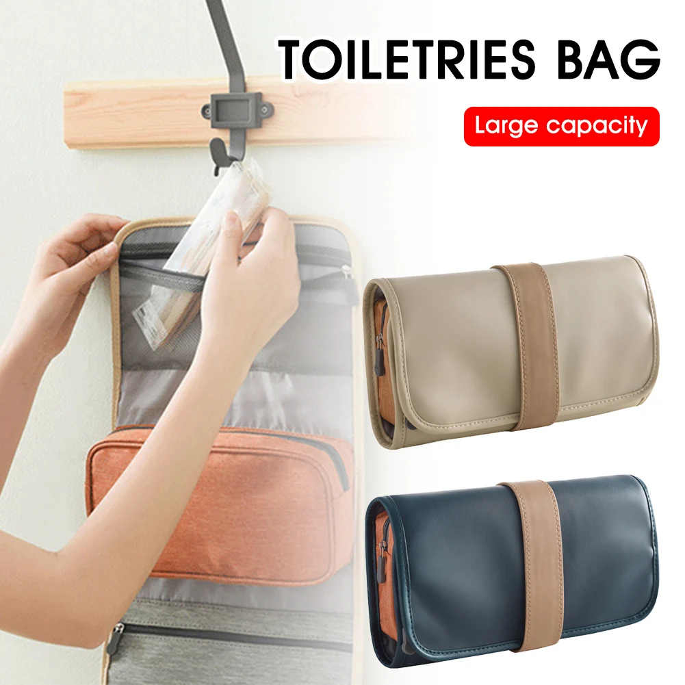 

Fashion PU Material Travel Hanging Toiletry Bag Portable Cosmetics With Hook Waterproof Makeup Bathroom Shower Bag For Travel