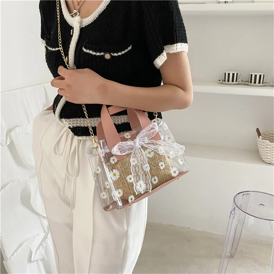 Прозрачная Плетеная соломенная сумка через плечо с цепочкой Женская квадратная