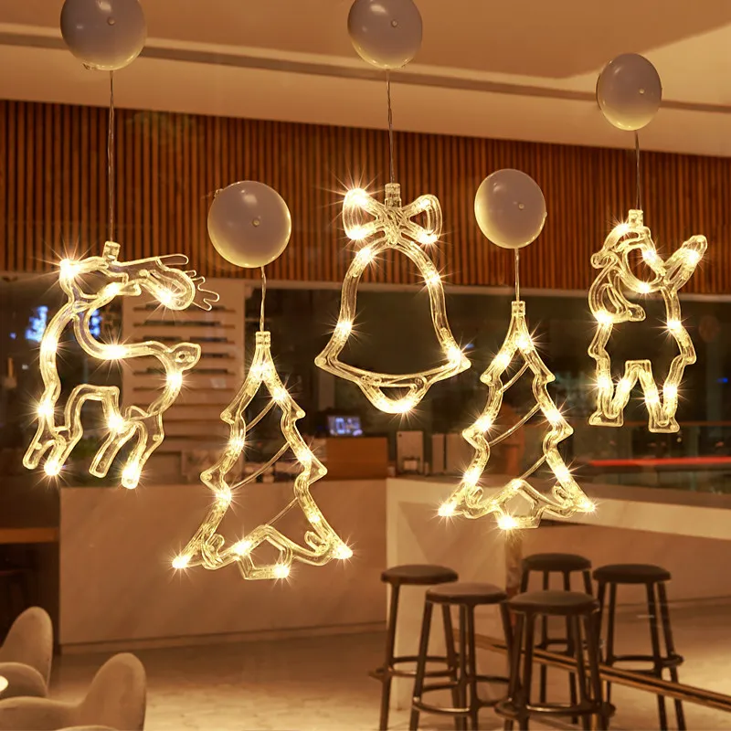 

Suction Cup LED Christmas Lights Window Hanging Lights Bells Santa Claus Snowflake For Home Shop Holiday New Year 2022 Decor