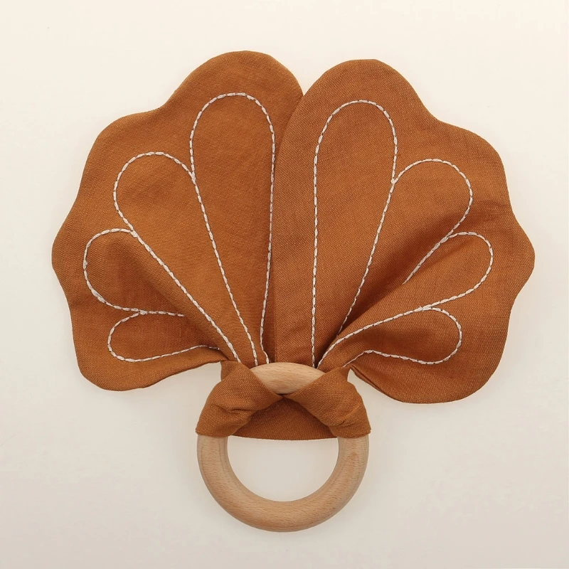 

Baby Wooden Teether Embroidery Flowers Comforting Toys Wood Rodent Rattle Toys F3ME