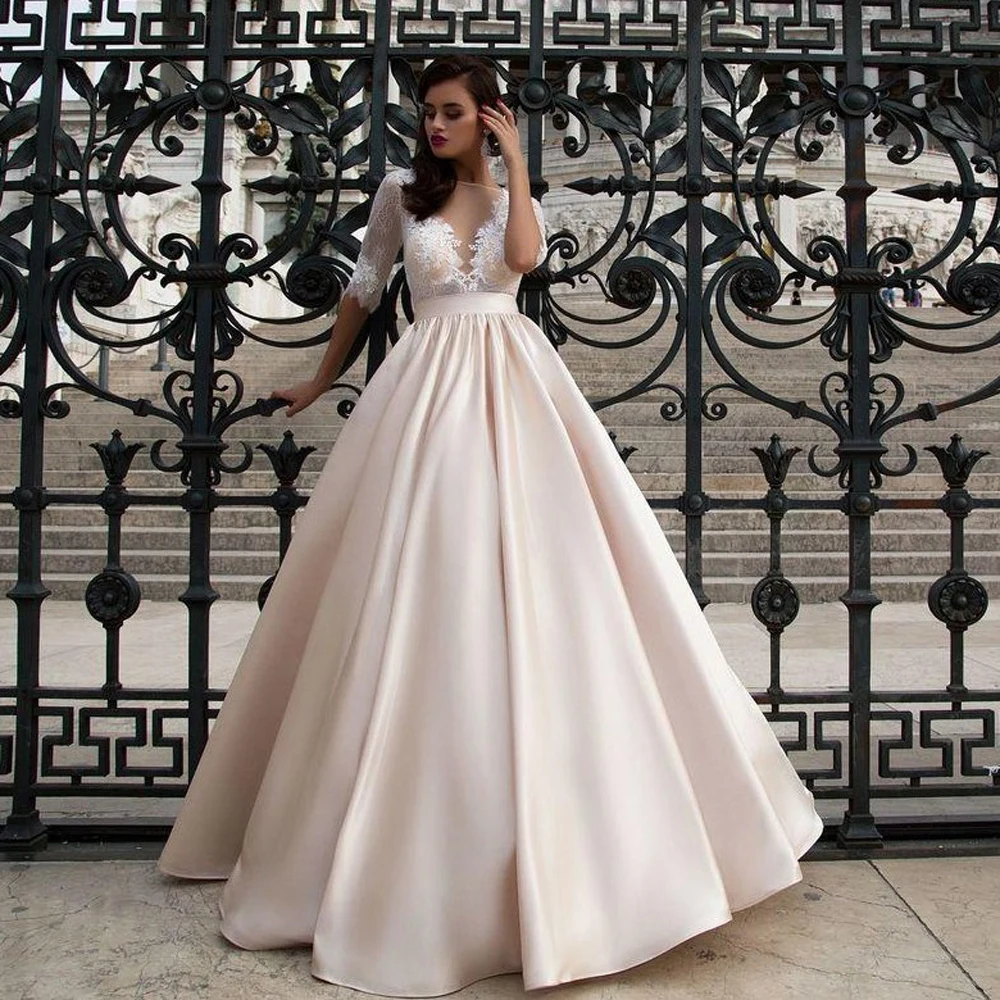 

Атласные свадебные платья цвета шампанского, новинка 2020, ТРАПЕЦИЕВИДНОЕ свадебное платье принцессы с рукавом до локтя, свадебные платья до ...