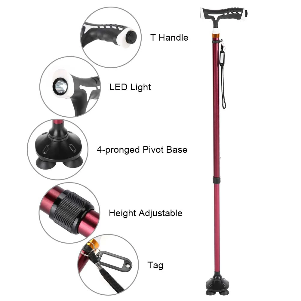 

Collapsible Telescopic Height Adjustable Aluminum Alloy Folding Cane with T Handle LED Lightweight Pivot Base for the Elder