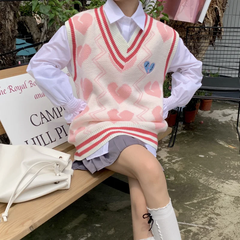 

Kawaii Pink Sweater Vest Women 2021 Autumn Winter V Neck Knitted Vest Sleeveless Jecket Winter Clothes chaleco mujer