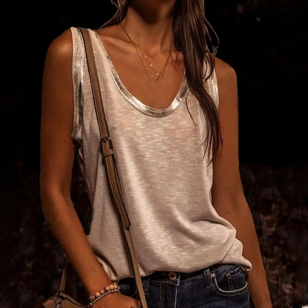 Модные однотонные Цвет Топ без рукавов и Свободная блузка для женщин с круглым