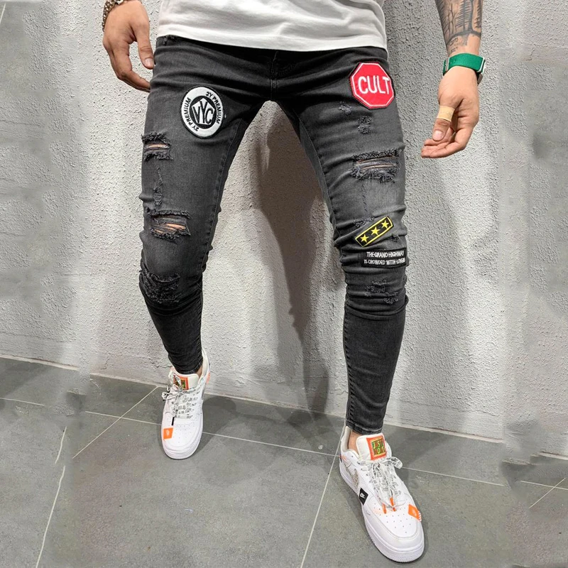 Jeans autumn new European code Men's embroidery hole torn fashion jeans men's casual Slim blue black hip hop large size | Мужская