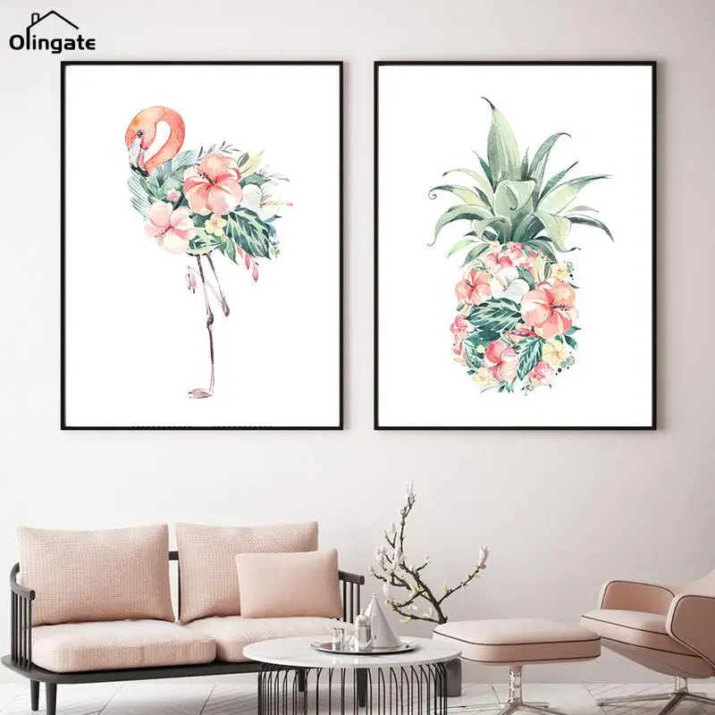 

Canvas Painting Pink Flamingo Pineapple Flowers Poster Abstract Watercolor Wall Art Print Nordic Kitchen Picture for Home Decor