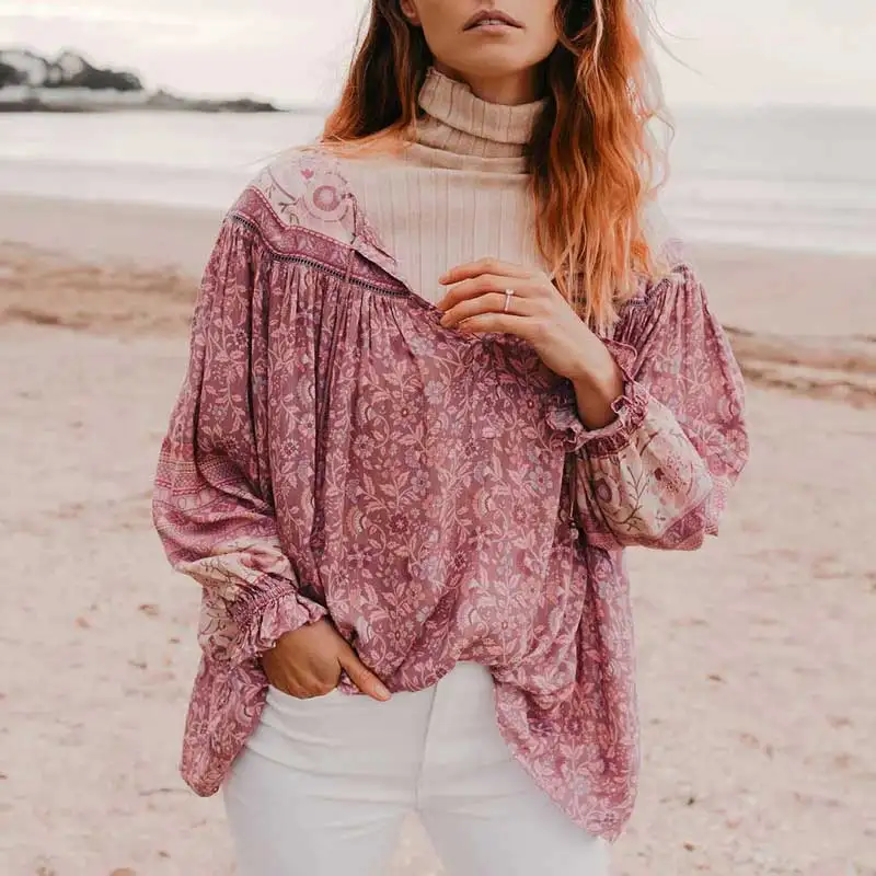 Boho Inspird Шелковичная Цветочная блузка с v-образным вырезом и завязкой на шее, шикарная блуза с длинным рукавом, Женская Осенняя блуза, шикарная блуза в стиле бохо