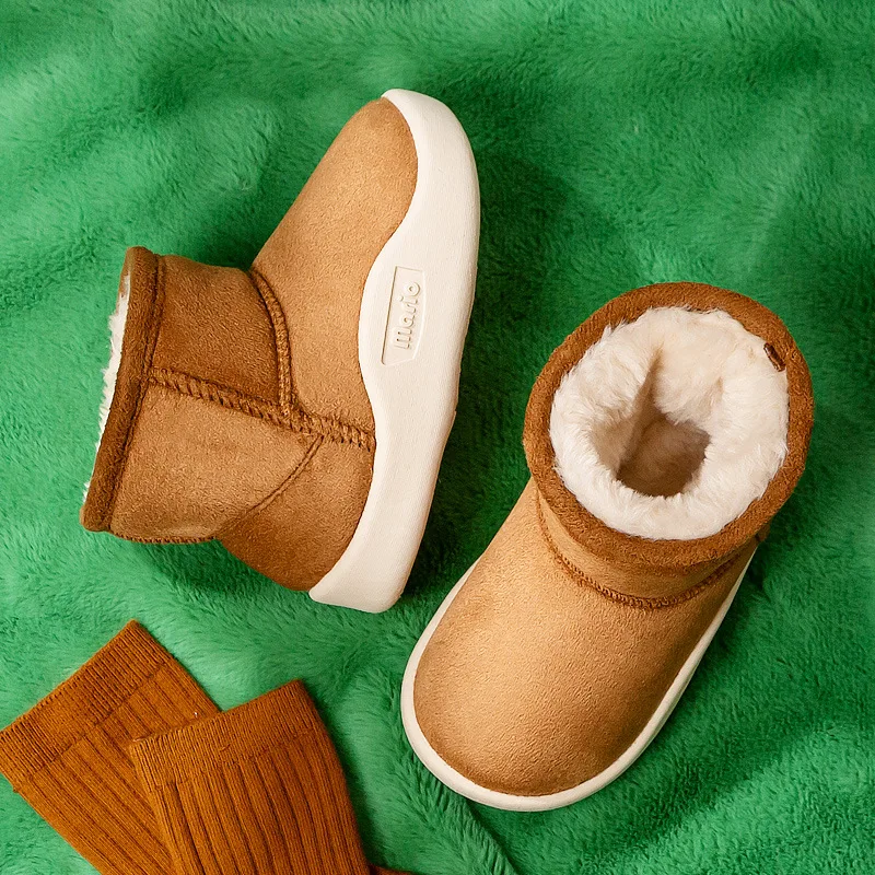 

New Fashion Children's Shoes for 2021 Winter Warm Plush Solid Suede Unisex Infants Snow Boots Non-slip Medium Sleeve Heel Boots