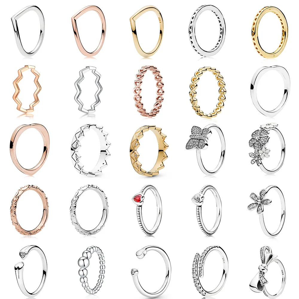 

Women 925 Sterling Silver Ring Charms Flowers Bow Butterfly Rose Gold Heart Finger Ring For Women Wedding Jewelry