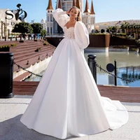 sodigne satin a line wedding dresses lantern sleeves long princess white bridal gowns lace sweetheart wedding party dress