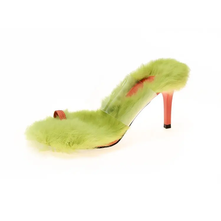 Модные зимние женские меховые тапочки на тонком каблуке Новинка женская обувь с