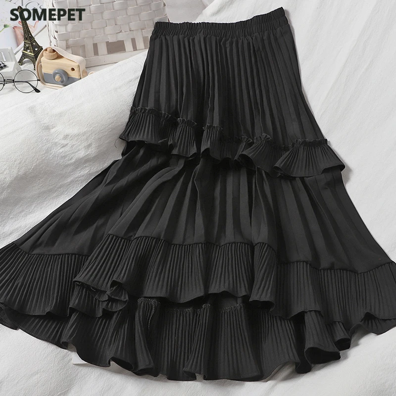 

2021 New Autumn Pleated Skirt High Waist Irregular Hem Flouncing Women Long Skirts Women Fashion Faldas Jupe Femme
