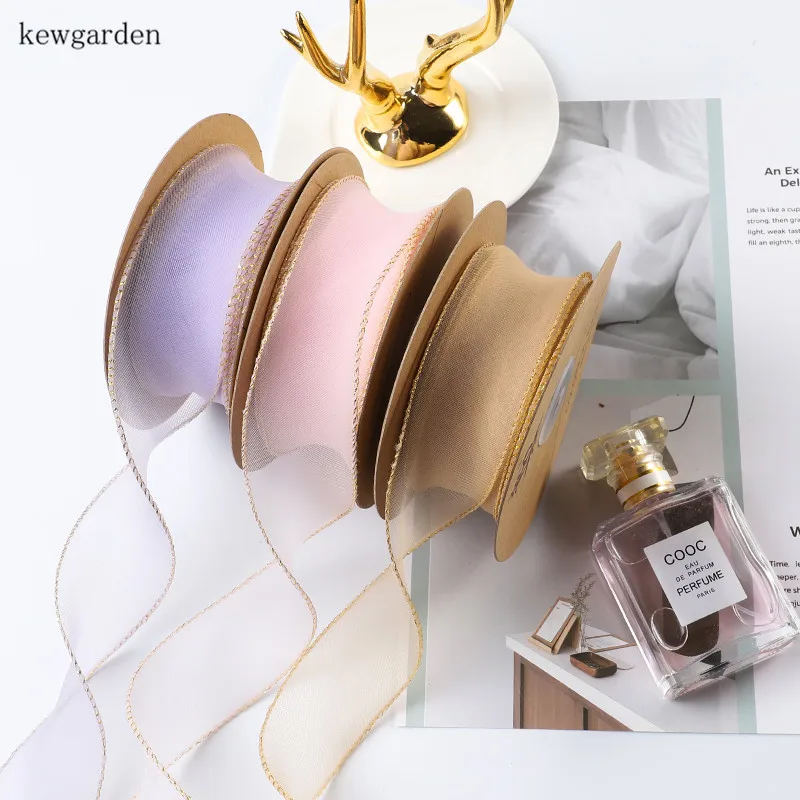 Kewgarden 55 мм 2-Дюймовая волнистая лента из органзы с золотыми краями вручную