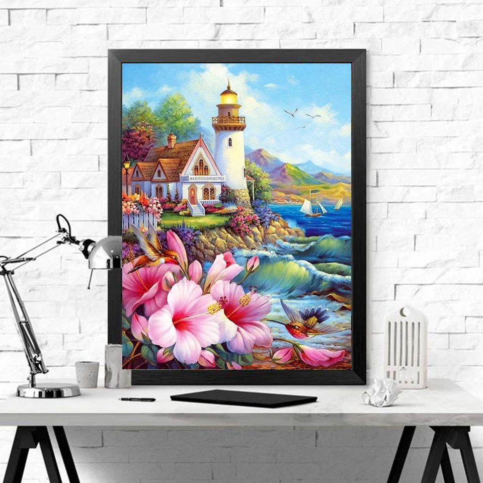 evershine 5d diy diamond painting lighthouse full square round diamond embroidery house landscape cross stitch flower home decor free global shipping