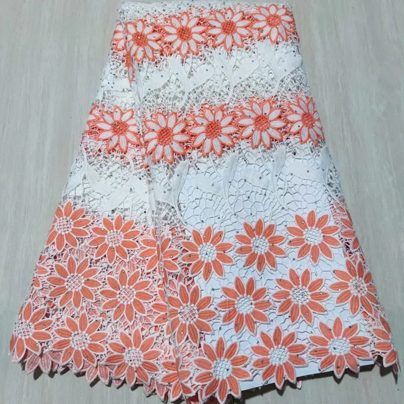 

NYLG18 White+Peach embroidered water soluble lace with stones,pretty flower African guipure cord lace for party/Wedding dress