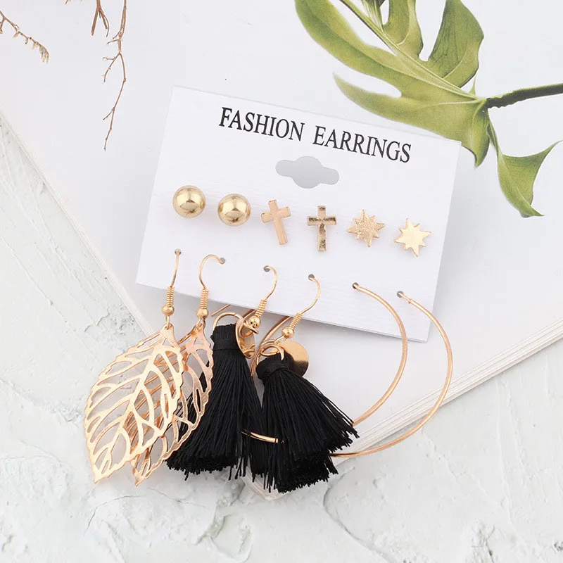 

6Pair Trendy Tassels Women's Drop Earrings Set Gold Alloy Leaf Earrings Jewelry Statement Lovely Star Cross Stud Earring Gifts