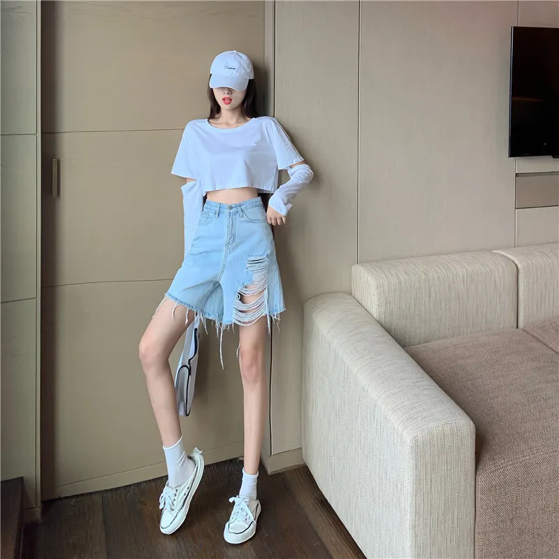 

Ripped Denim Shorts for Women 2021 Spring New High Waist Slimming Straight Pants Loose Wide Leg Pants Fifth Pants Tide