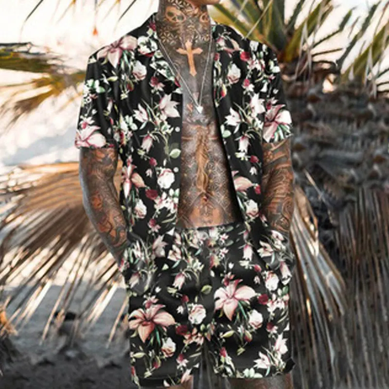 Мужской комплект из 2 предметов гавайская рубашка с принтом и короткими рукавами