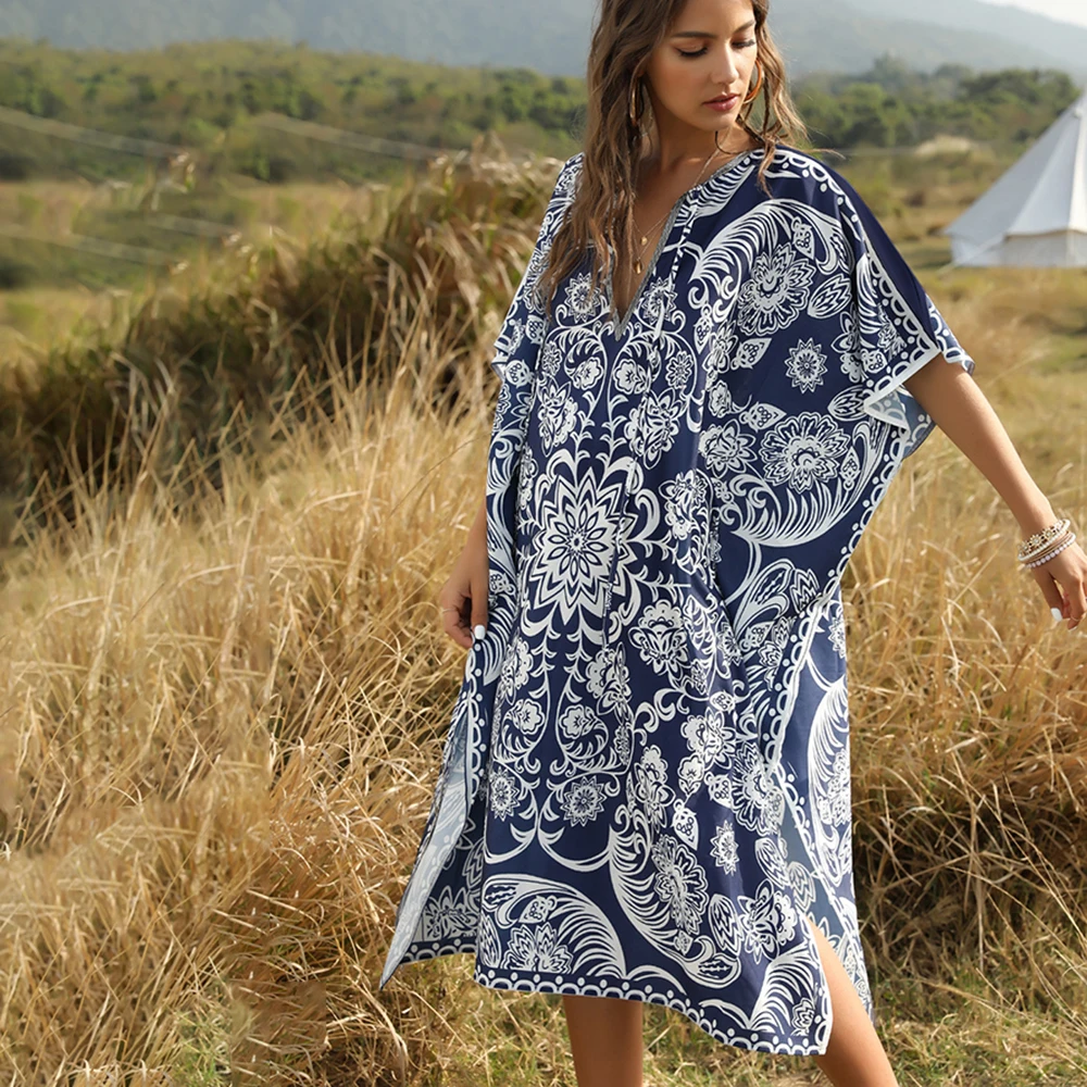 Платье женское в стиле бохо пляжный сарафан с цветочным принтом и рукавом