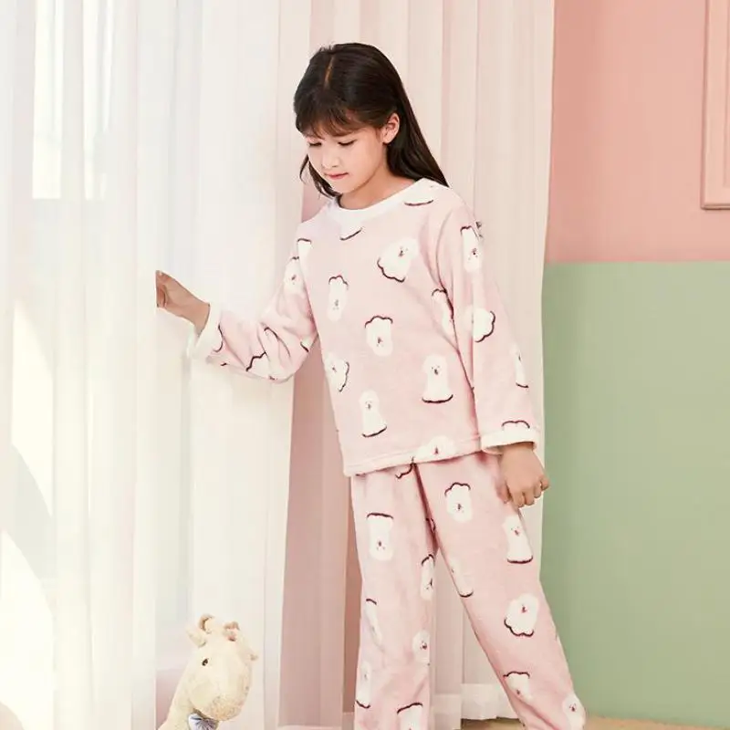

Children Cartoon Print Pajamas Baby Girls Flannel Long Sleeve O Neck Sleepwear Kids Thickening Warm Home Clothes Leisure Nighty