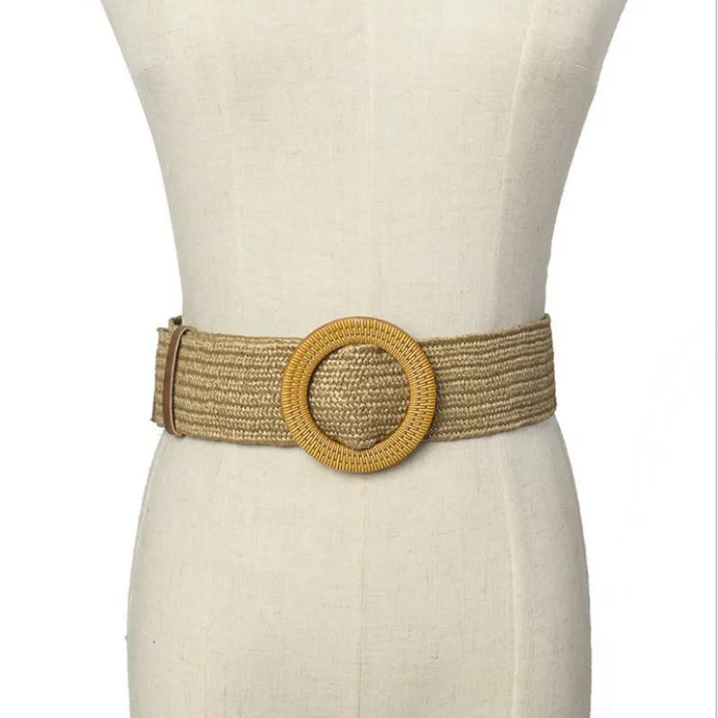 

Vintage Boho Braided Waist Belt Round Wooden Buckle s for Women Smooth Wide Woven Straw Female