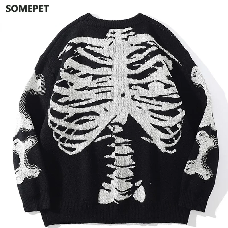 

Men Oversized Sweater Black Loose Skeleton Bone Print Women Vintage Retro Knitted Sweater 2021 Autumn Cotton Pullover Unisex