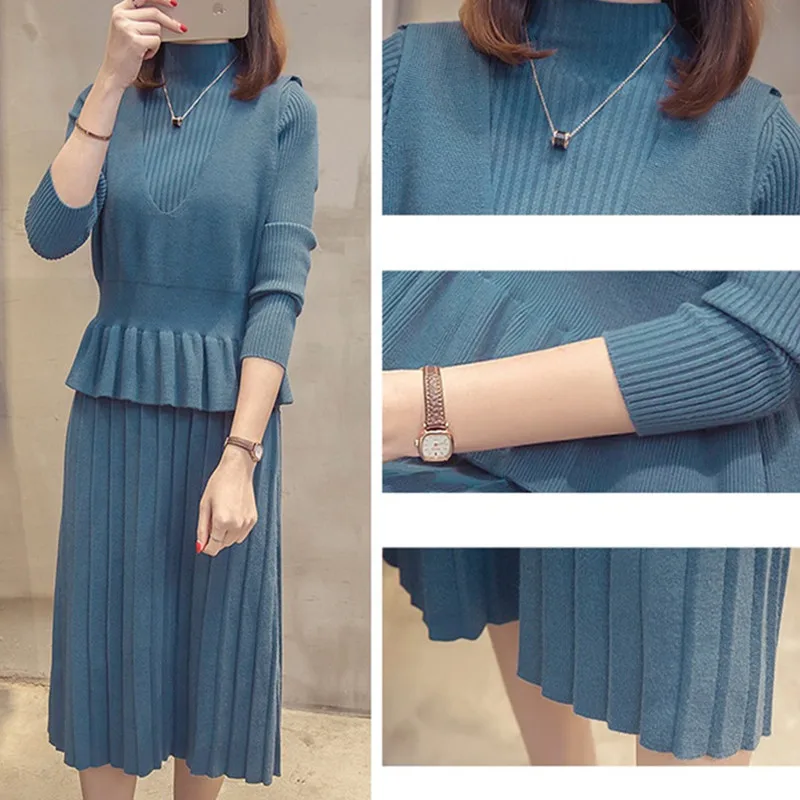 Женское трикотажное платье-свитер с длинным рукавом и высоким воротником |