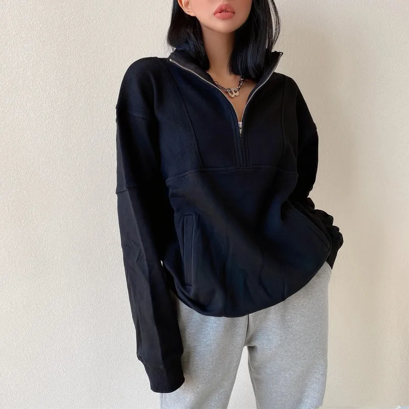 

[DEAT] Loose Fit Vintage Half Zipper Sweatshirt New Stand Neck Long Sleeve Women Big Size Fashion Tide Spring Autumn 2021 GX51