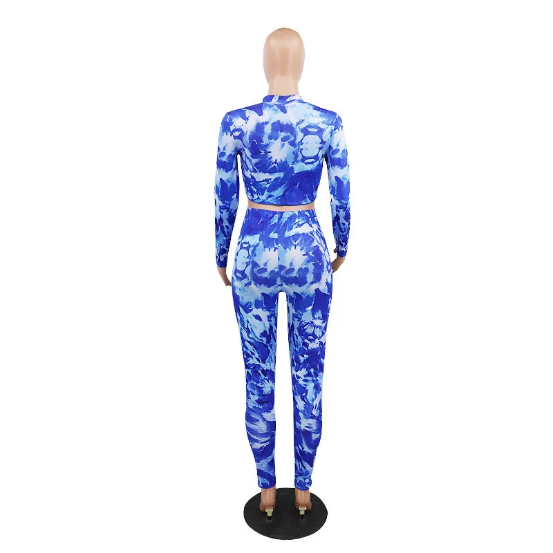 

VS&LLWQ Sexy Women Tie Dyeing Print 2 Pieces Set Turtleneck Long Sleeve T-shirt Crop Tops High Waist Long Pants Leggings 2020