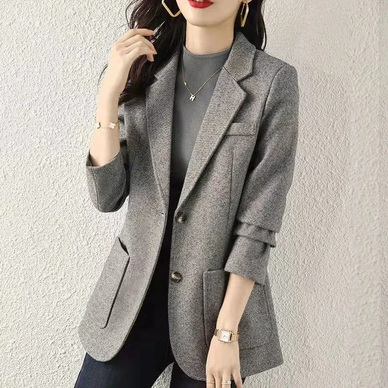 

Solid Color Blazer Single Button Long-sleeved Casual All-match 2021 New Vintage Temperament Office Worker Legant Chic Slim Coat