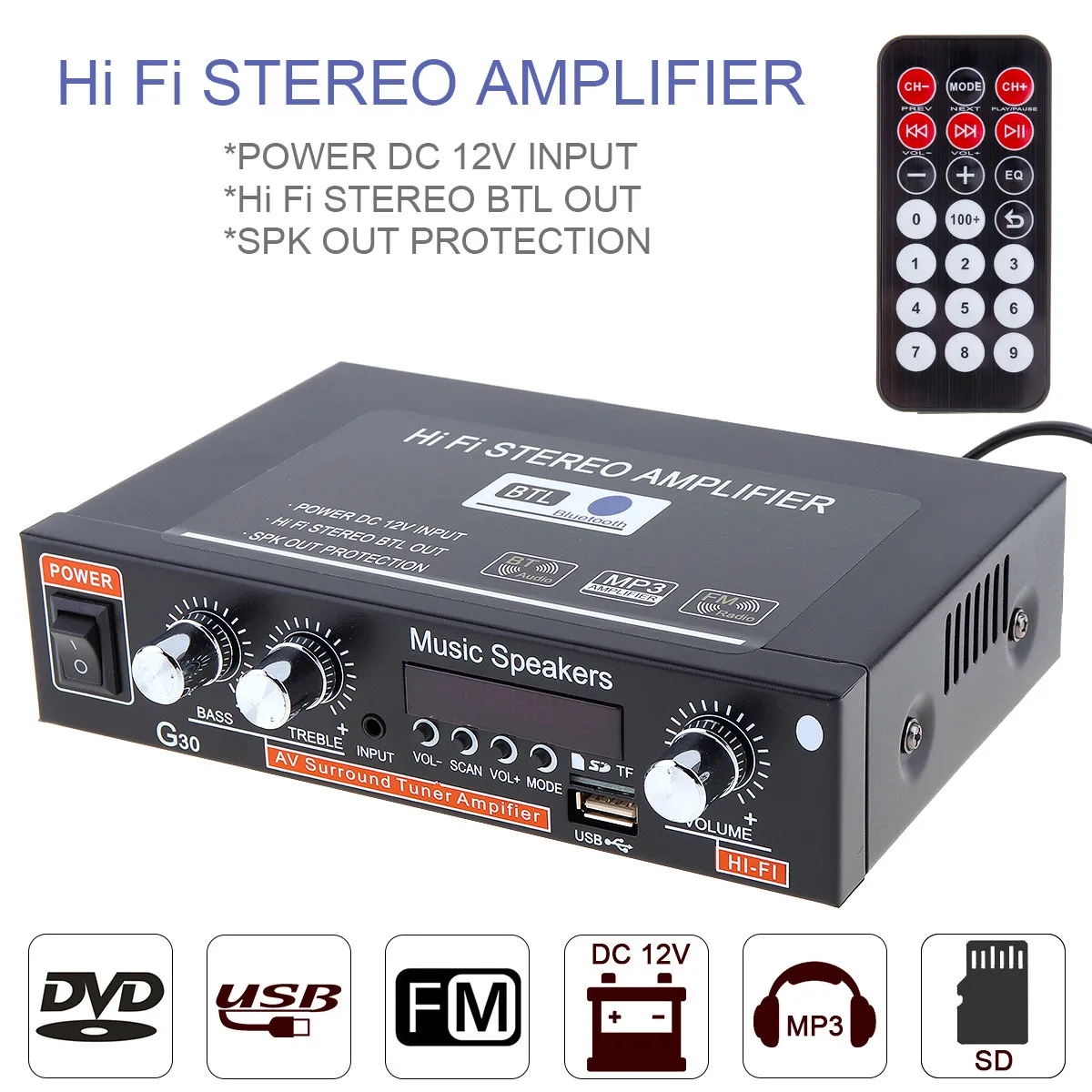 G30 HIFI Bluetooth автомобильный аудио усилитель мощности fm-радио плеер Поддержка SD USB DVD