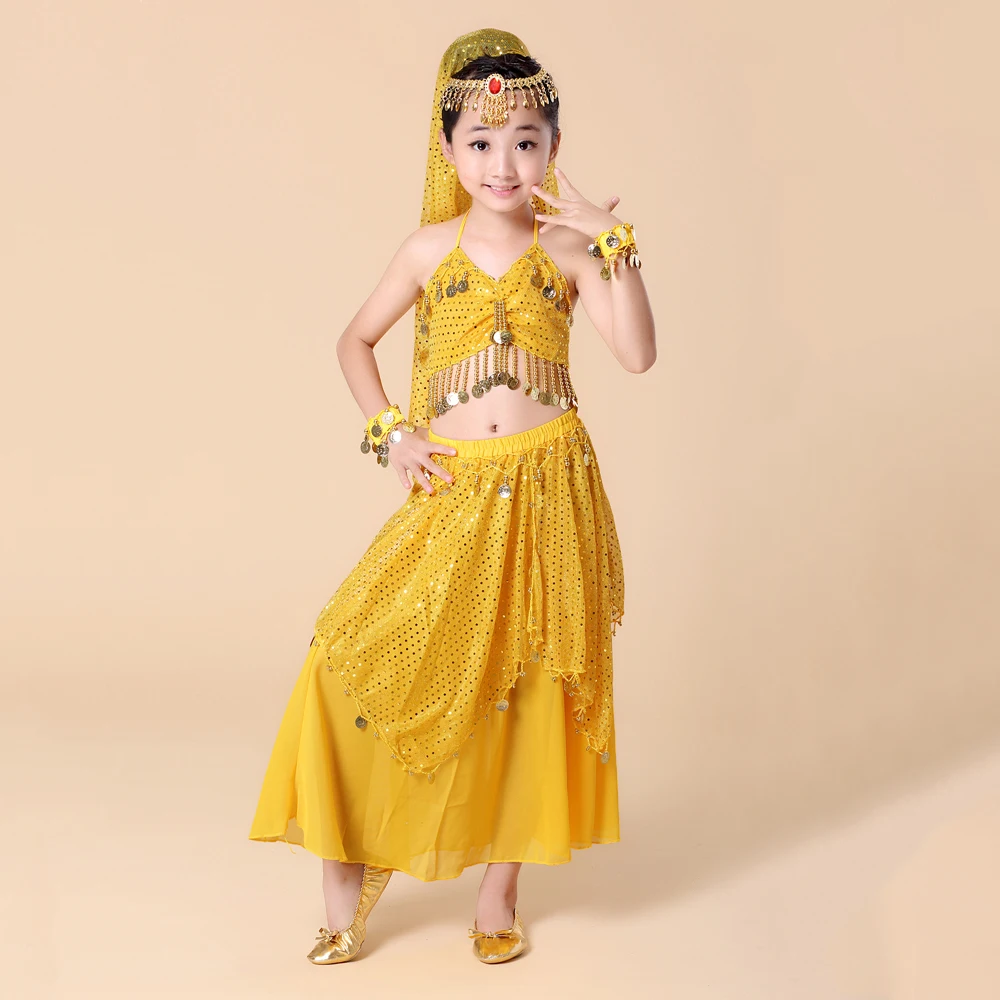 Дети Индия Детская Одежда для танцев танец живота 4 шт./компл.(топ+ юбка+ браслет+ повязка на голову) танец живота Болливуд костюмы для выступлений; танцевальная одежда