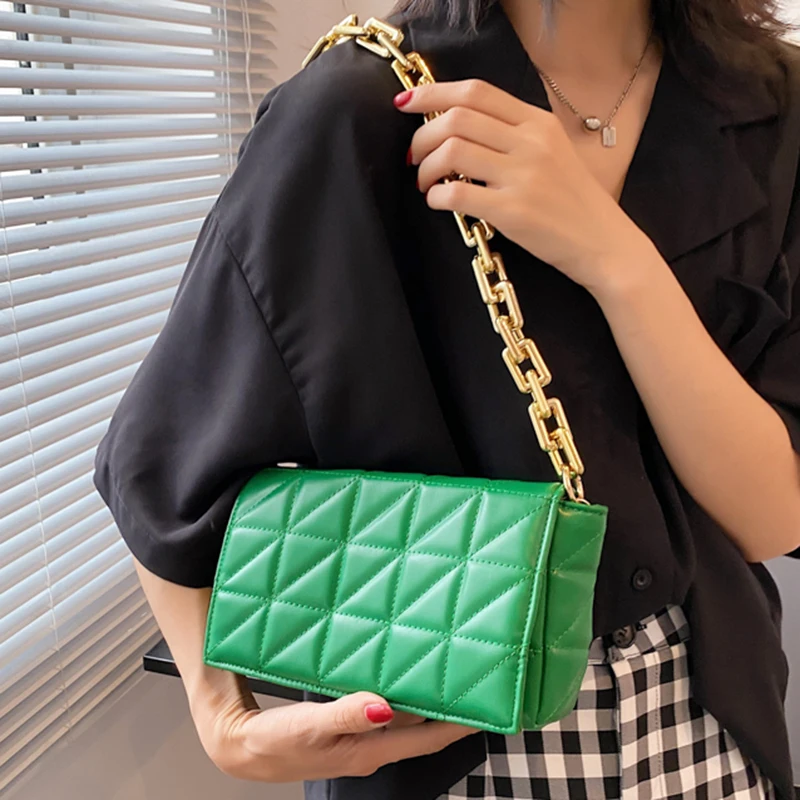 

Quilted Thick Chain Pu Leather Flap Crossbody Bag for Women 2021 Summer Trends Baguette Shoulder Bag Purses and Handbags Green