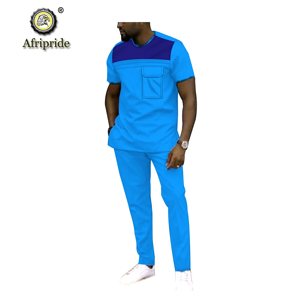 2019 Men`s 2 Piece Set African Dashiki Tracksuit Short Sleeve Blouse Tops and Pants Set Plus Size Wax Wear AFRIPRIDE S1916040