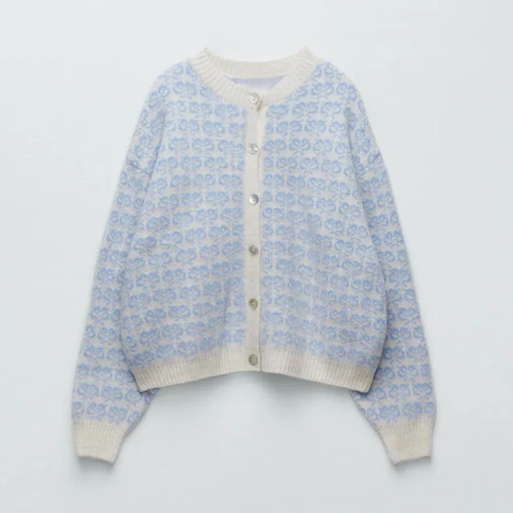 

Женский однобортный жаккардовый кардиган DiYiG, вязаный жаккардовый кардиган с круглым вырезом и длинным рукавом, пальто на осень 2021