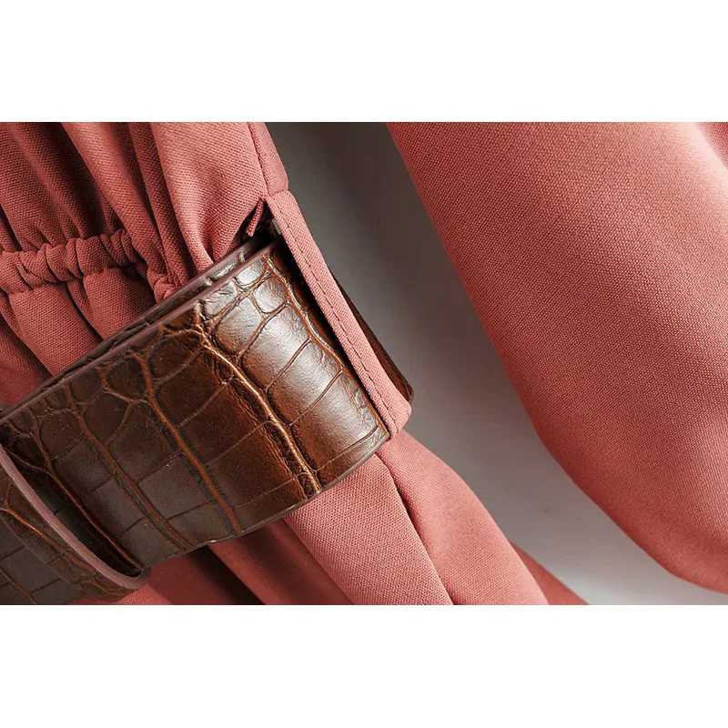 Fashion 2019 jumpsuit long sleeve with belt za pink v-neck high waist rompers womens | Женская одежда