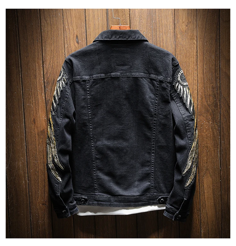 Мужская модная джинсовая куртка с крыльями Облегающая без подкладки черная