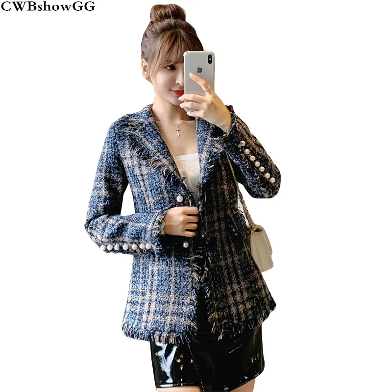 

CWBshowGG Luxury Brand Tassel Plaid Small Fragrance Jacket Female 2019 Autumn New Long-Sleeved Turn-Down Collar Slim Jacket