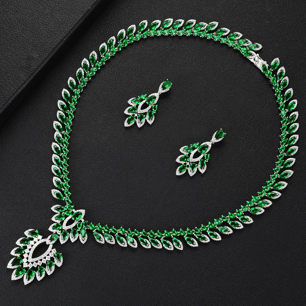 missvikki Famous Brand Luxury Shinning Green Leaf Women Wedding Naija Bridal Cubic Zirconia Necklace Dubai Dress Jewelry Set | Украшения и