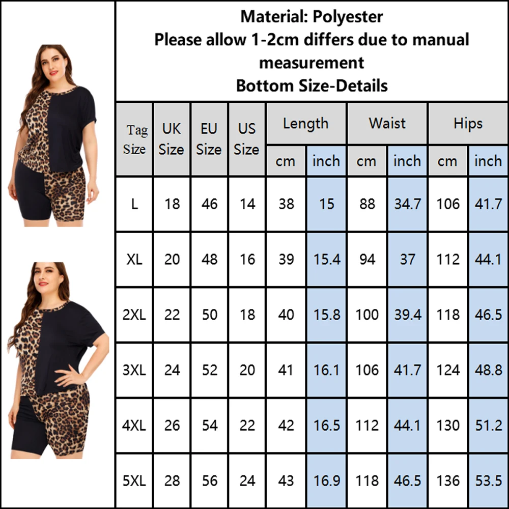 

5XL Women Sportswear Suit 2 piece Short sleeve Round Neck Pullover Casual Tracksuit Summer Plus Size Leopard Stitching Suit D30